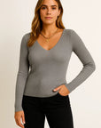 Womens Pullover Sweater V-Neck Ribbed Stripes Long Sleeve Soft Knit Autumn Winter Casual 3