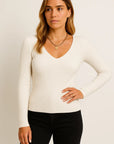 Womens Pullover Sweater V-Neck Ribbed Stripes Long Sleeve Soft Knit Autumn Winter Casual 8