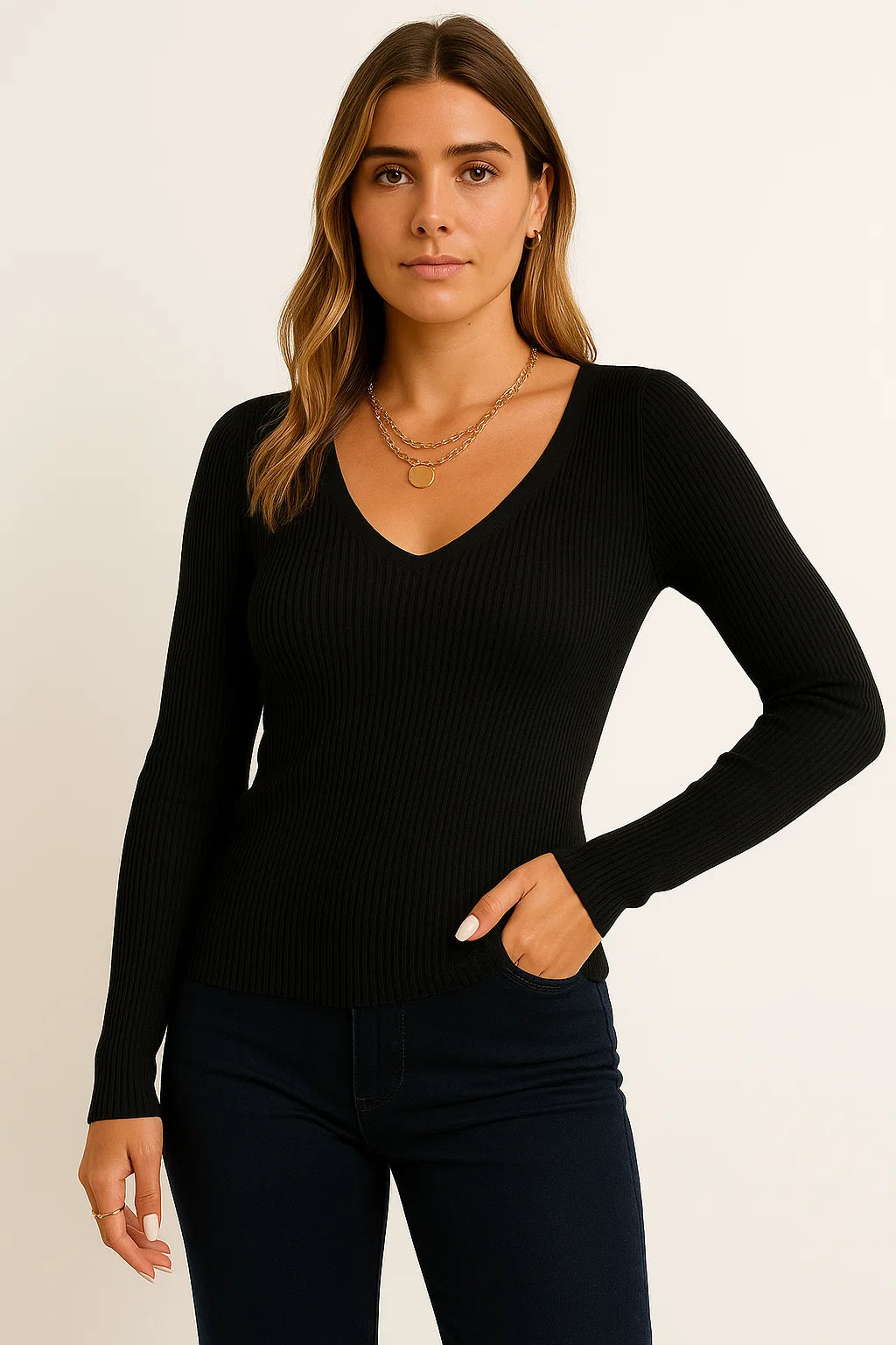 Womens Pullover Sweater V-Neck Ribbed Stripes Long Sleeve Soft Knit Autumn Winter Casual 2