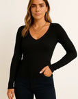 Womens Pullover Sweater V-Neck Ribbed Stripes Long Sleeve Soft Knit Autumn Winter Casual 2