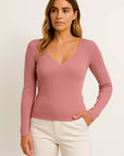 Womens Pullover Sweater V-Neck Ribbed Stripes Long Sleeve Soft Knit Autumn Winter Casual 7