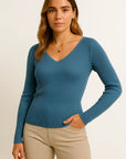 Womens Pullover Sweater V-Neck Ribbed Stripes Long Sleeve Soft Knit Autumn Winter Casual 4