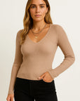 Womens Pullover Sweater V-Neck Ribbed Stripes Long Sleeve Soft Knit Autumn Winter Casual 1
