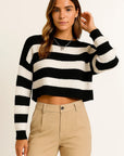 Womens Cropped Sweater Striped Blue Knit Oversize Long Sleeve O-Neck Pullover Autumn 2
