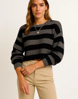 Womens Cropped Sweater Striped Blue Knit Oversize Long Sleeve O-Neck Pullover Autumn 3