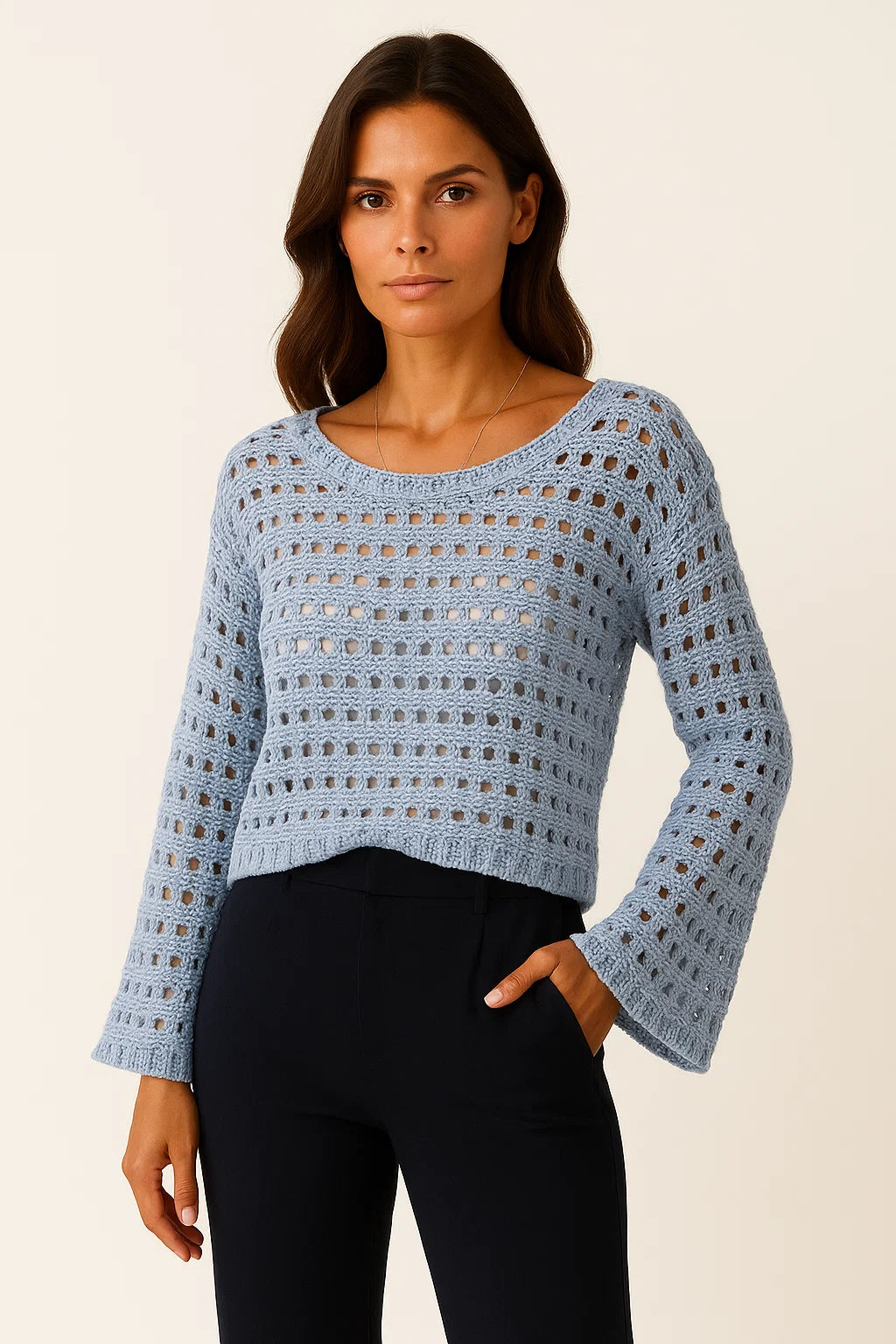 Womens Crochet Top White Wool Knit Long Sleeve Crop Pullover Beach Bikini Cover Up 3
