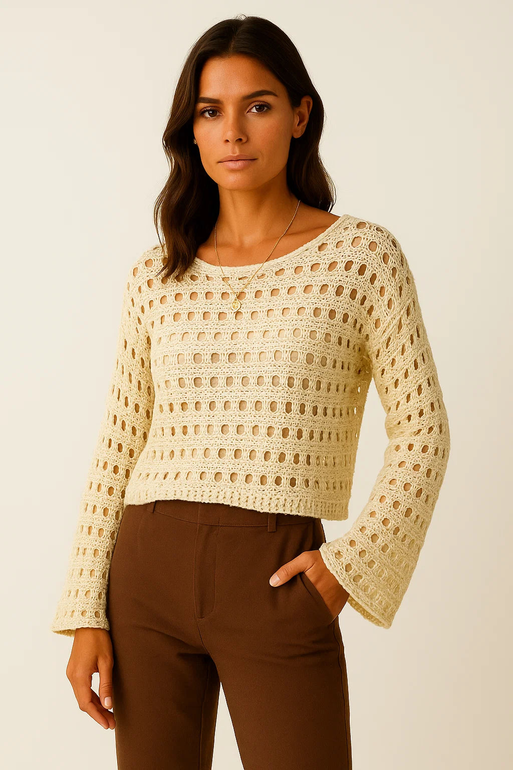 Womens Crochet Top White Wool Knit Long Sleeve Crop Pullover Beach Bikini Cover Up 1