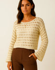 Womens Crochet Top White Wool Knit Long Sleeve Crop Pullover Beach Bikini Cover Up 1