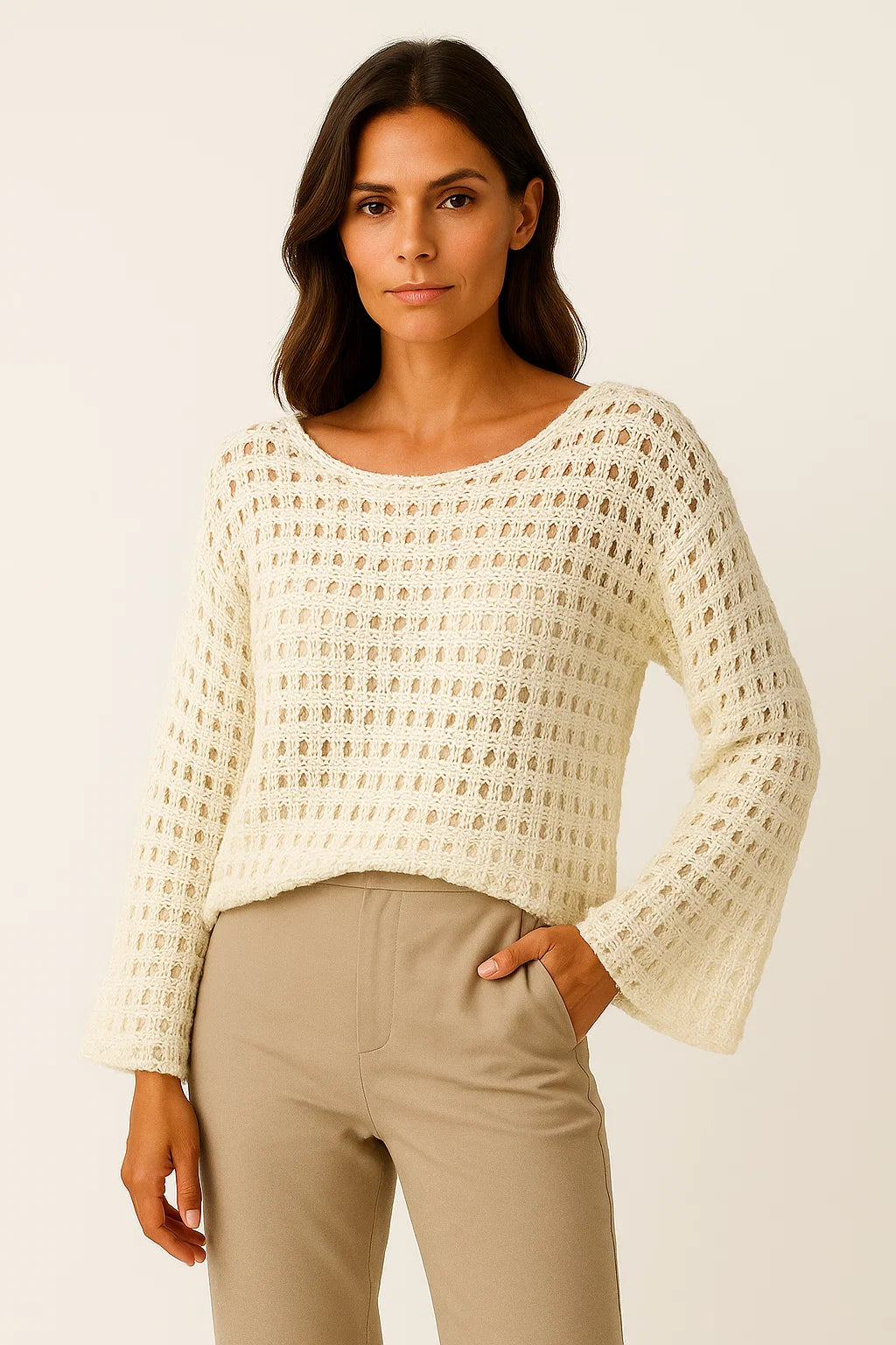 Womens Crochet Top White Wool Knit Long Sleeve Crop Pullover Beach Bikini Cover Up 4