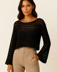 Womens Crochet Top White Wool Knit Long Sleeve Crop Pullover Beach Bikini Cover Up 2