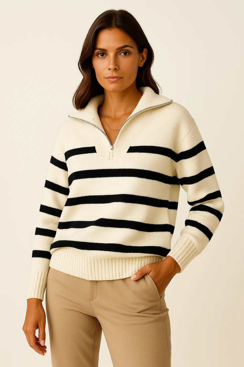 Womens Pullover Sweater Short Style Striped Zipper Spring Autumn Premium 1