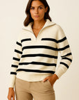 Womens Pullover Sweater Short Style Striped Zipper Spring Autumn Premium 1