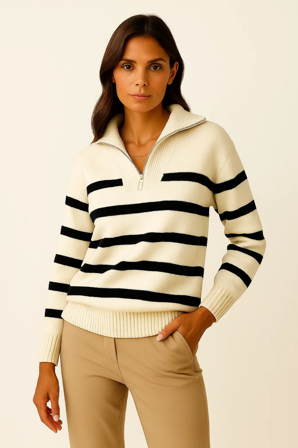 Womens Pullover Sweater Short Style Striped Zipper Spring Autumn Premium 2