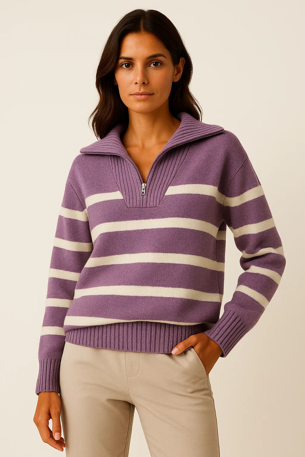 Womens Pullover Sweater Short Style Striped Zipper Spring Autumn Premium 6