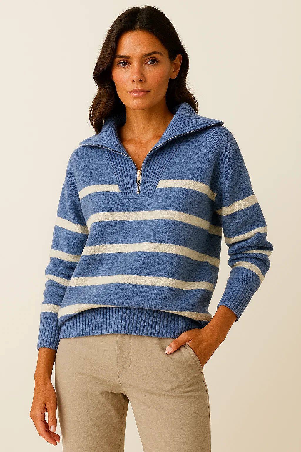Womens Pullover Sweater Short Style Striped Zipper Spring Autumn Premium 5