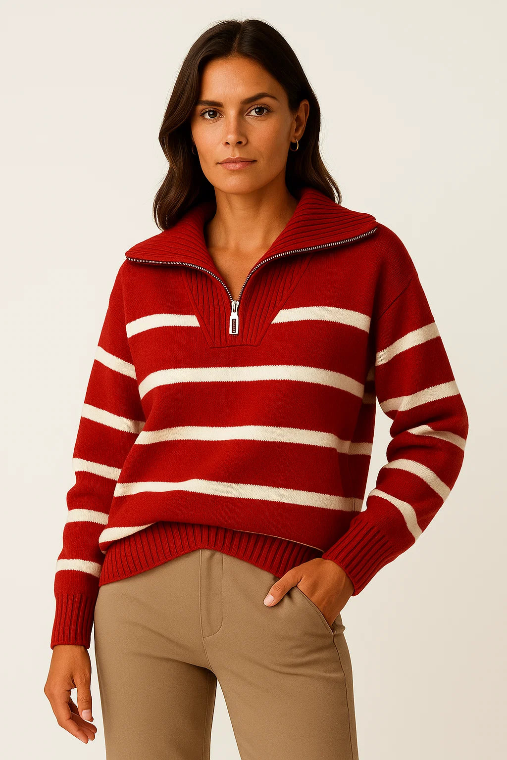 Womens Pullover Sweater Short Style Striped Zipper Spring Autumn Premium 4