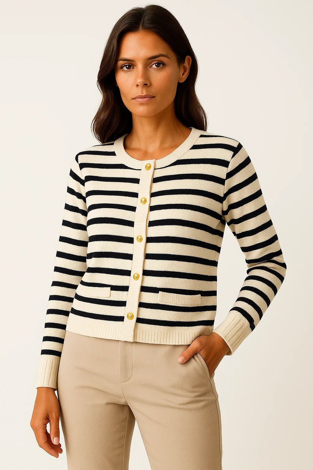 Womens Striped Cardigan White Soft Knit O-neck Long Sleeve Crop Top Casual Chic 1