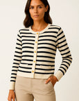 Womens Striped Cardigan White Soft Knit O-neck Long Sleeve Crop Top Casual Chic 1