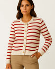 Womens Striped Cardigan White Soft Knit O-neck Long Sleeve Crop Top Casual Chic 4