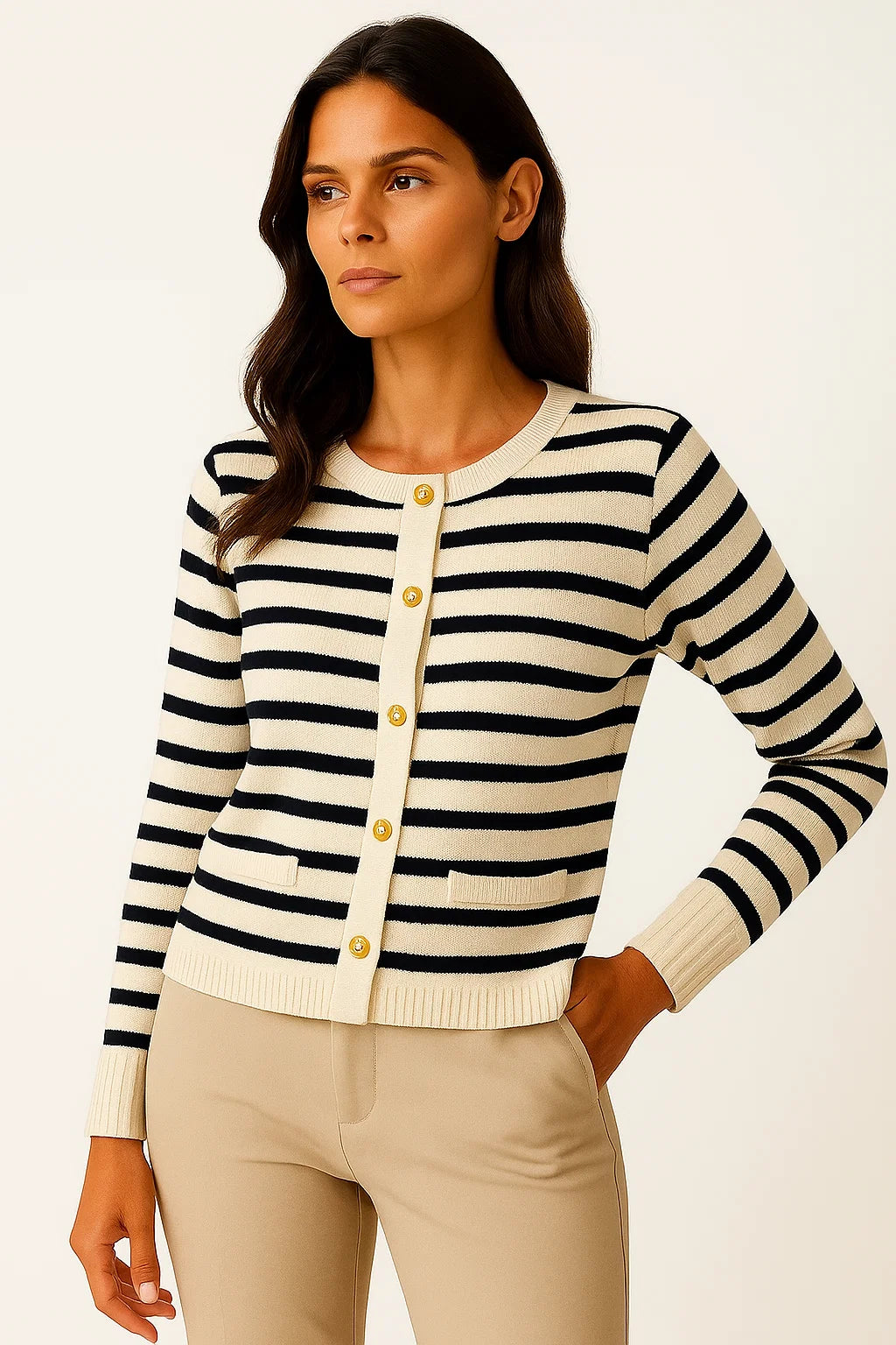 Womens Striped Cardigan White Soft Knit O-neck Long Sleeve Crop Top Casual Chic 2