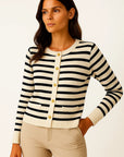 Womens Striped Cardigan White Soft Knit O-neck Long Sleeve Crop Top Casual Chic 2