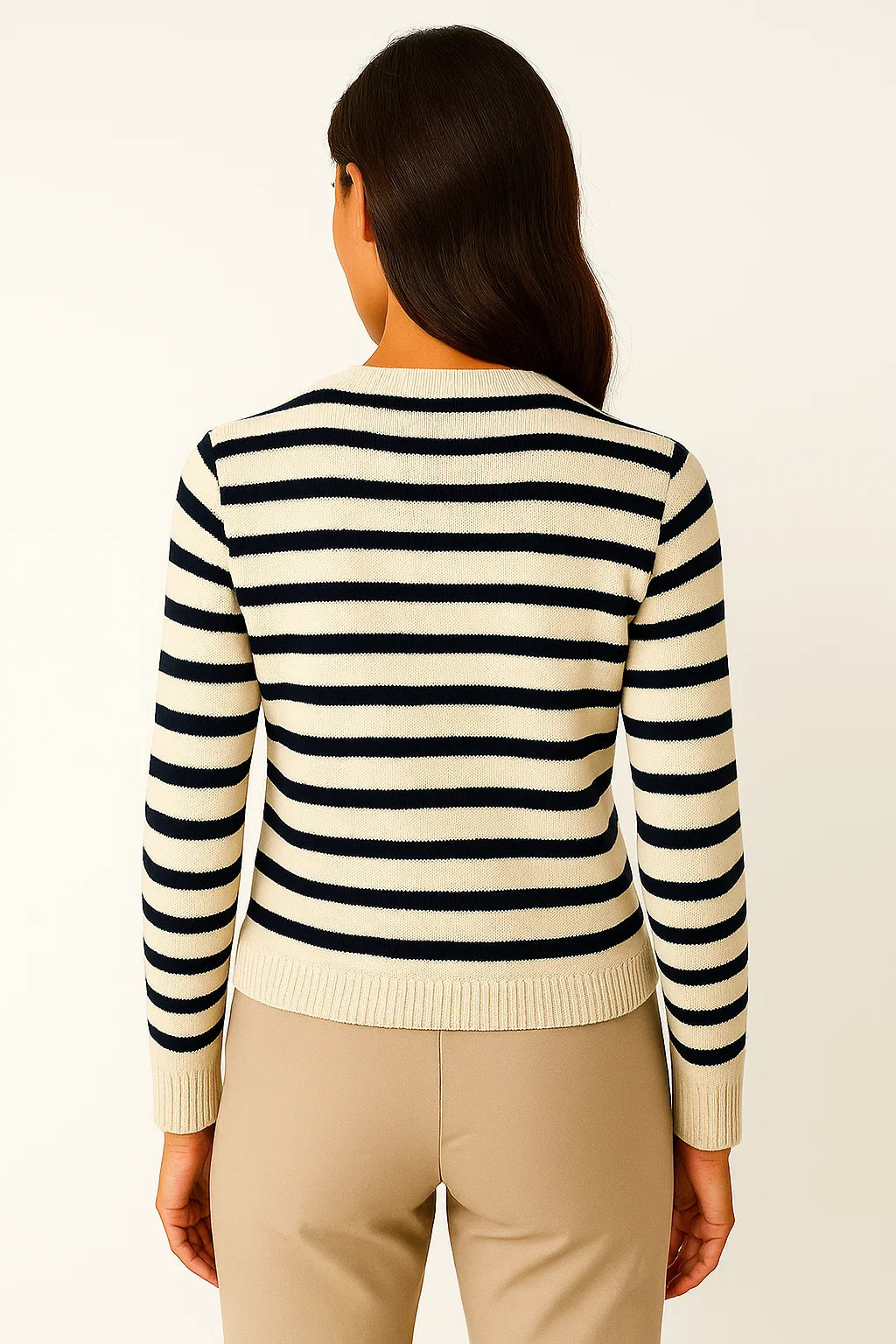 Womens Striped Cardigan White Soft Knit O-neck Long Sleeve Crop Top Casual Chic 3