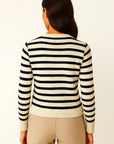 Womens Striped Cardigan White Soft Knit O-neck Long Sleeve Crop Top Casual Chic 3