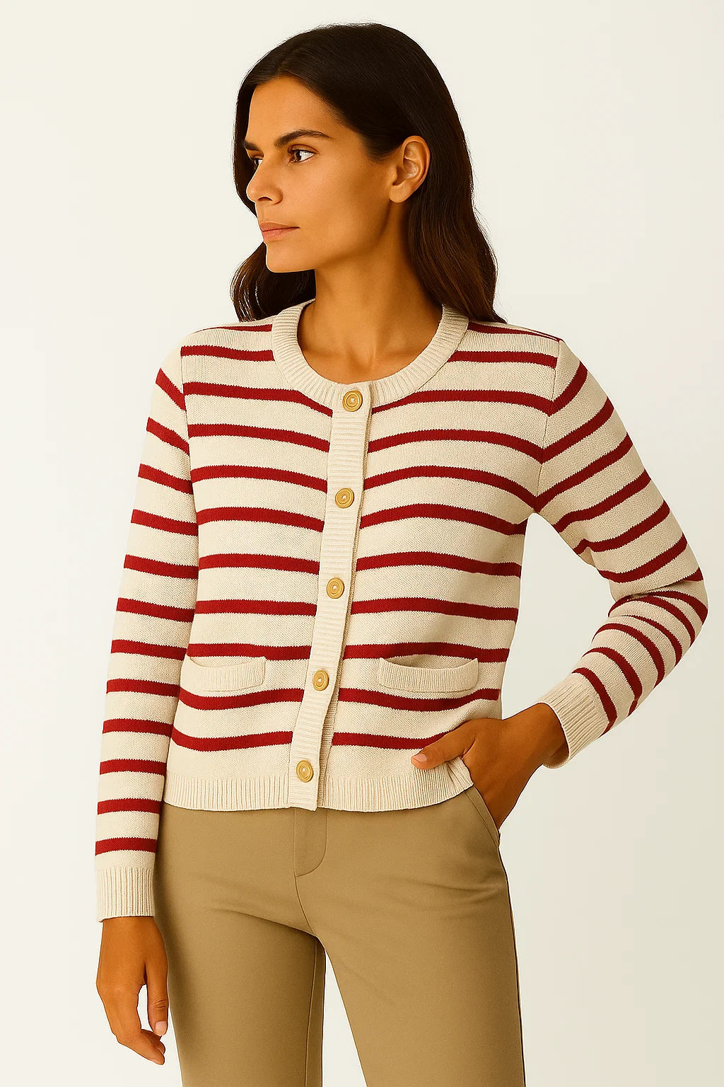 Womens Striped Cardigan White Soft Knit O-neck Long Sleeve Crop Top Casual Chic 5
