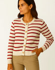 Womens Striped Cardigan White Soft Knit O-neck Long Sleeve Crop Top Casual Chic 5