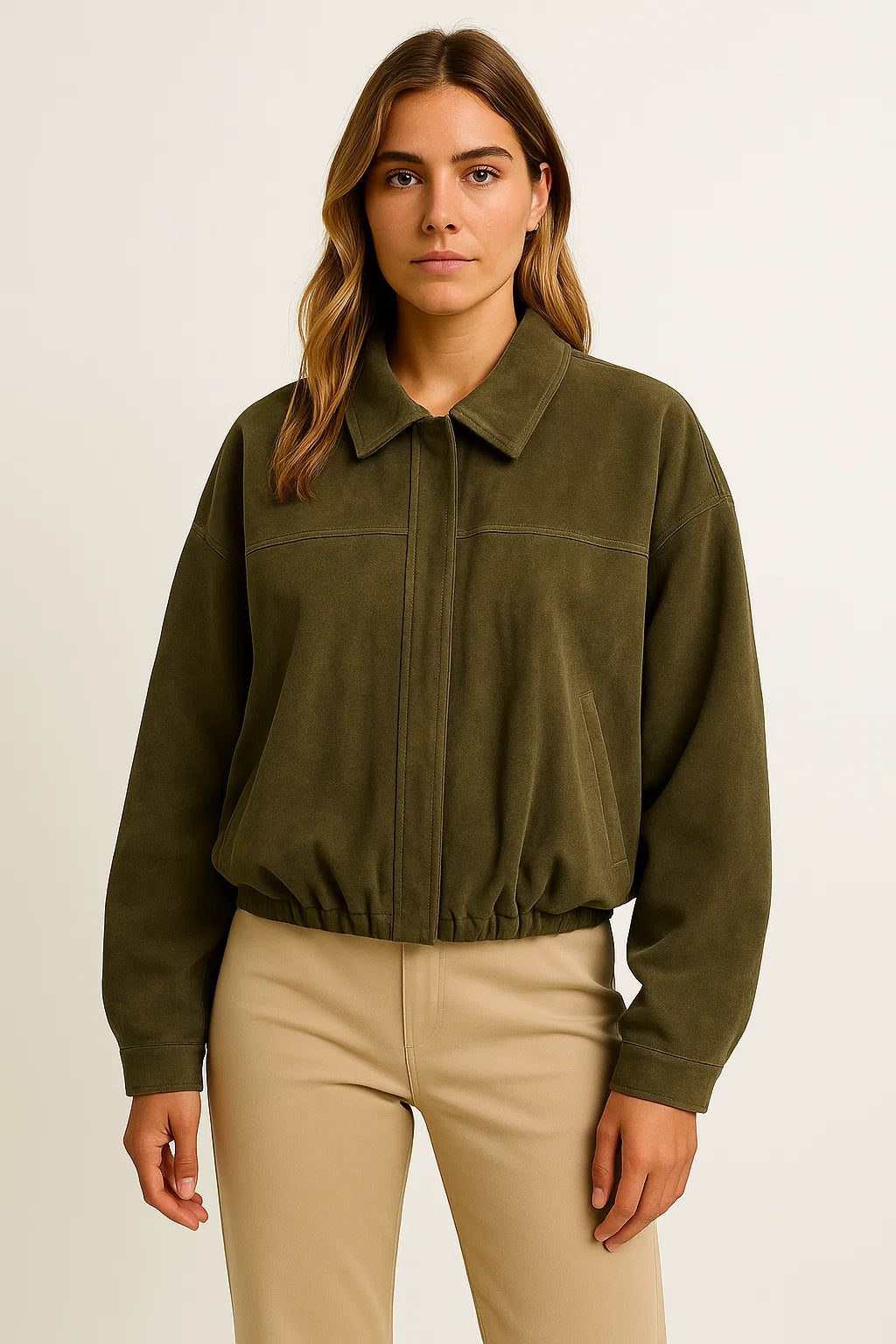 Womens Suede Bomber Jacket Loose Fit Long Sleeve Vintage Brown Green 1