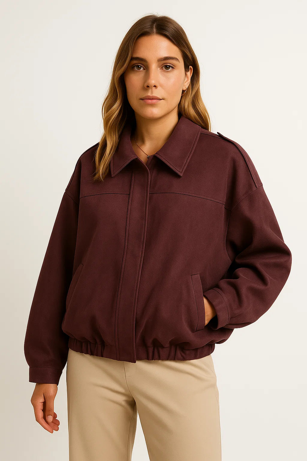Womens Suede Bomber Jacket Loose Fit Long Sleeve Vintage Brown Green 4