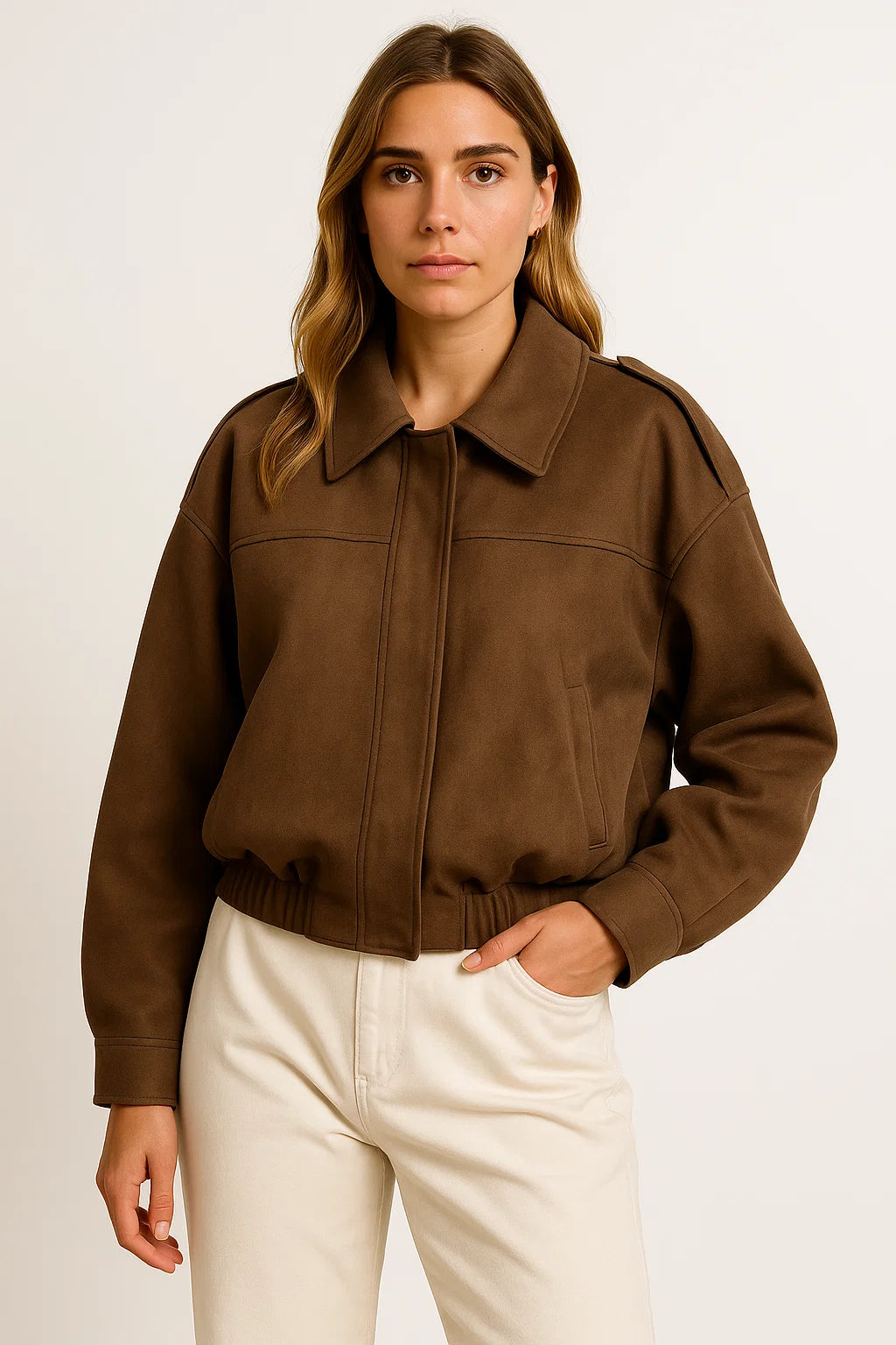 Womens Suede Bomber Jacket Loose Fit Long Sleeve Vintage Brown Green 3