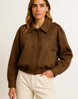 Womens Suede Bomber Jacket Loose Fit Long Sleeve Vintage Brown Green 3