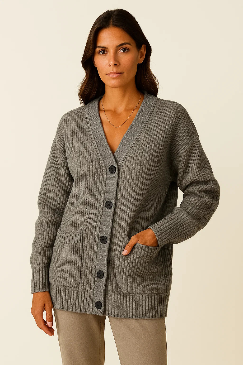 Womens Long Cardigan Sweater, High Elastic Knit V-Neck Loose Fit in Gray for Casual and Formal Wear 3