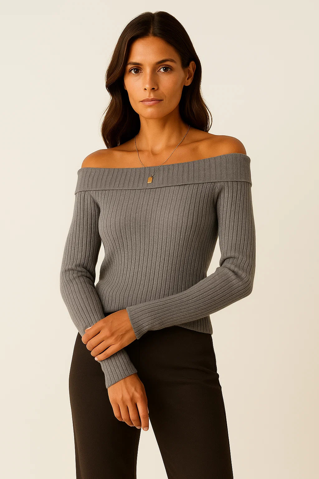 Womens Sweater Soft Knit Off-Shoulder Long Sleeve Slim Fit 1