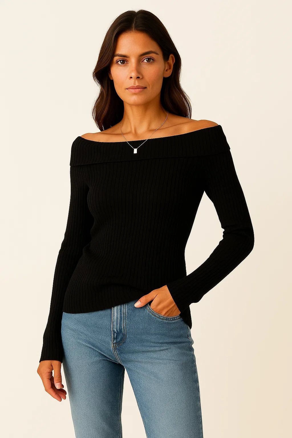 Womens Sweater Soft Knit Off-Shoulder Long Sleeve Slim Fit 5