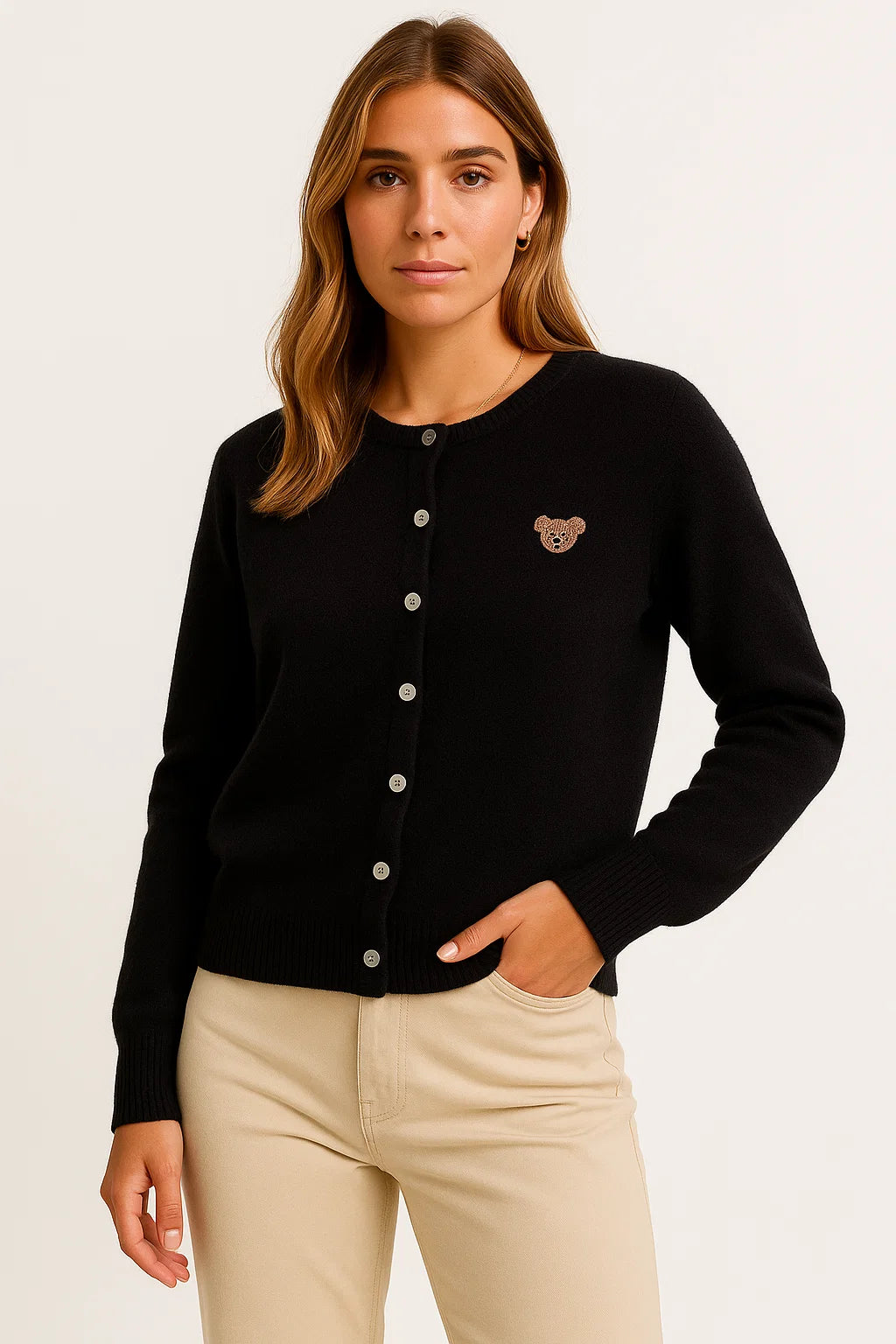 Womens Long Cardigan in Beige Knit with Cartoon Embroidery and Button Closure – Soft Casual Layering Piece for Autumn 1