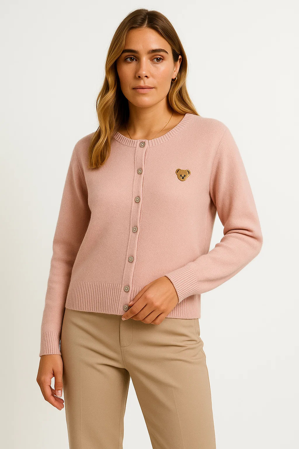 Womens Long Cardigan in Beige Knit with Cartoon Embroidery and Button Closure – Soft Casual Layering Piece for Autumn 7