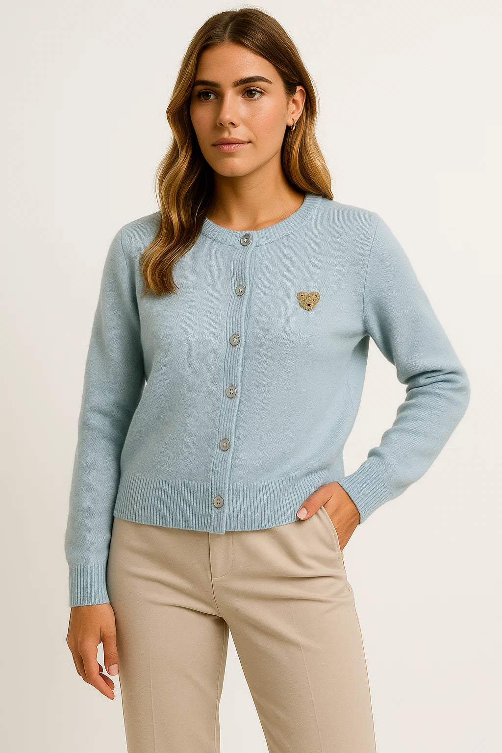 Womens Long Cardigan in Beige Knit with Cartoon Embroidery and Button Closure – Soft Casual Layering Piece for Autumn 8
