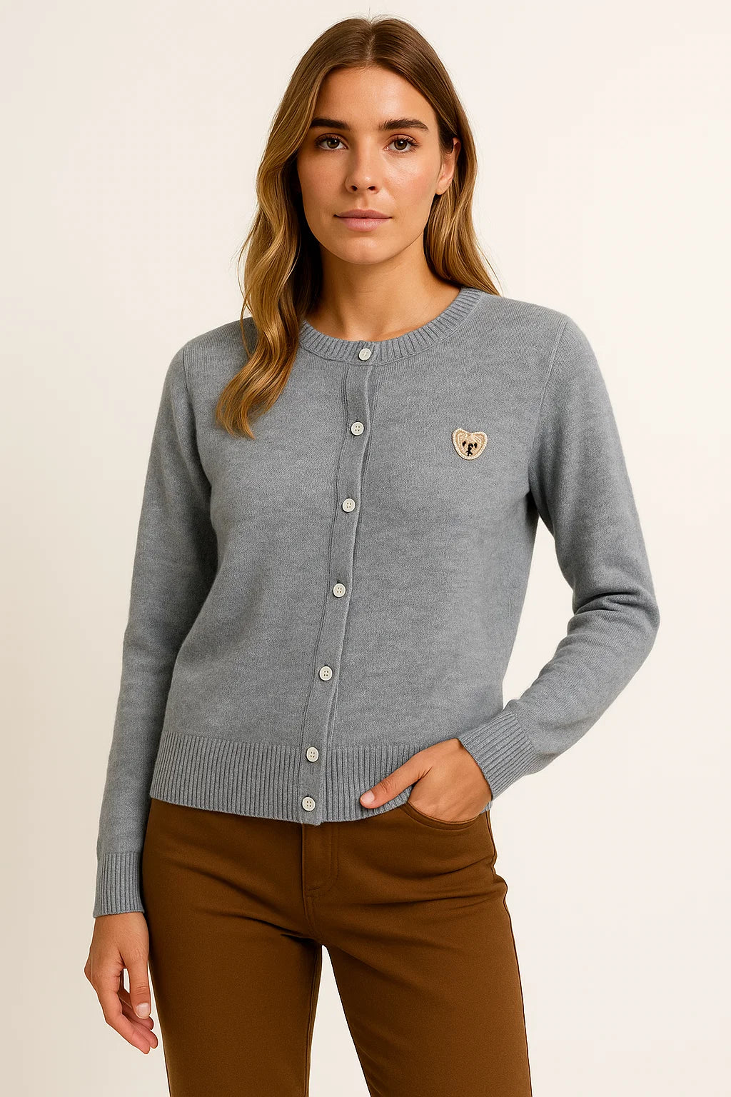Womens Long Cardigan in Beige Knit with Cartoon Embroidery and Button Closure – Soft Casual Layering Piece for Autumn 4