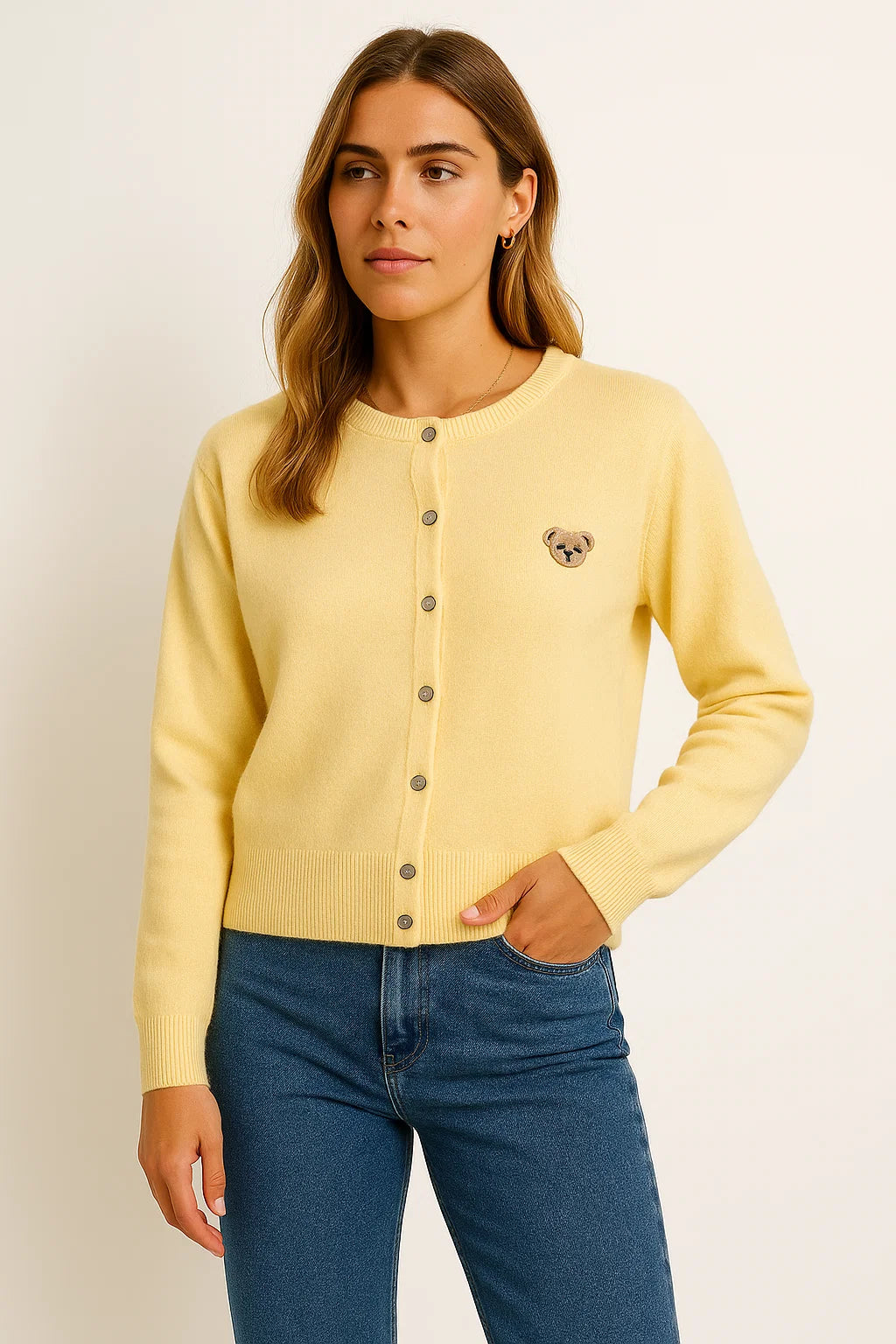 Womens Long Cardigan in Beige Knit with Cartoon Embroidery and Button Closure – Soft Casual Layering Piece for Autumn 5