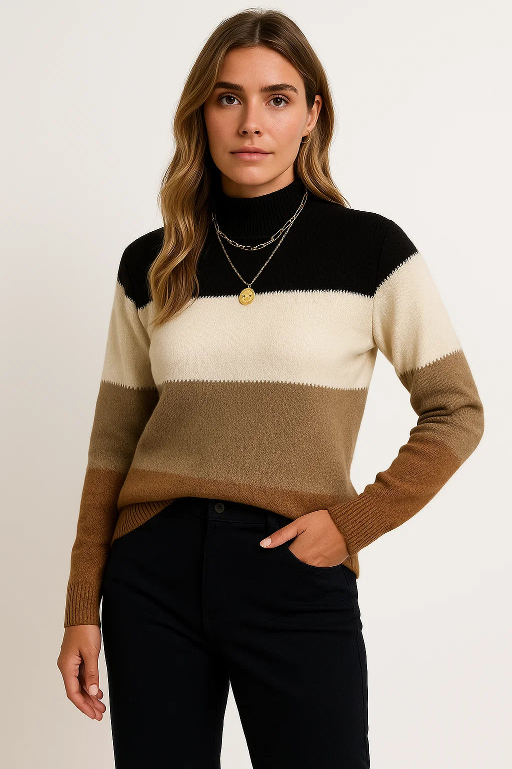 Womens Sweater Color Block Soft Lightweight Casual Versatile Style 1