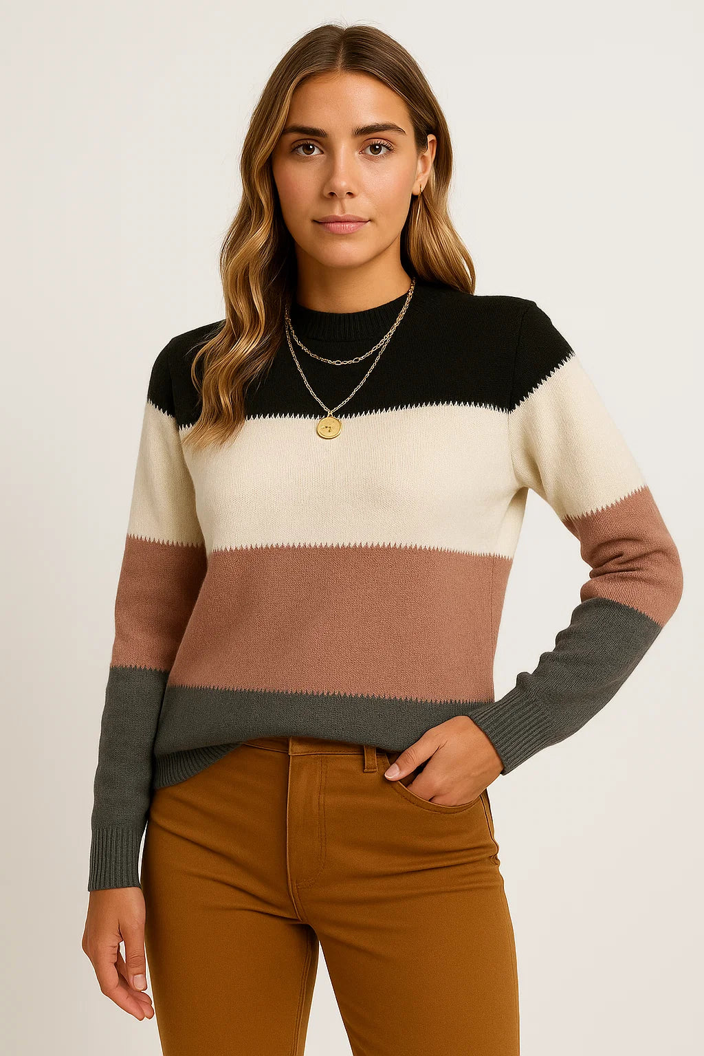 Womens Sweater Color Block Soft Lightweight Casual Versatile Style 5