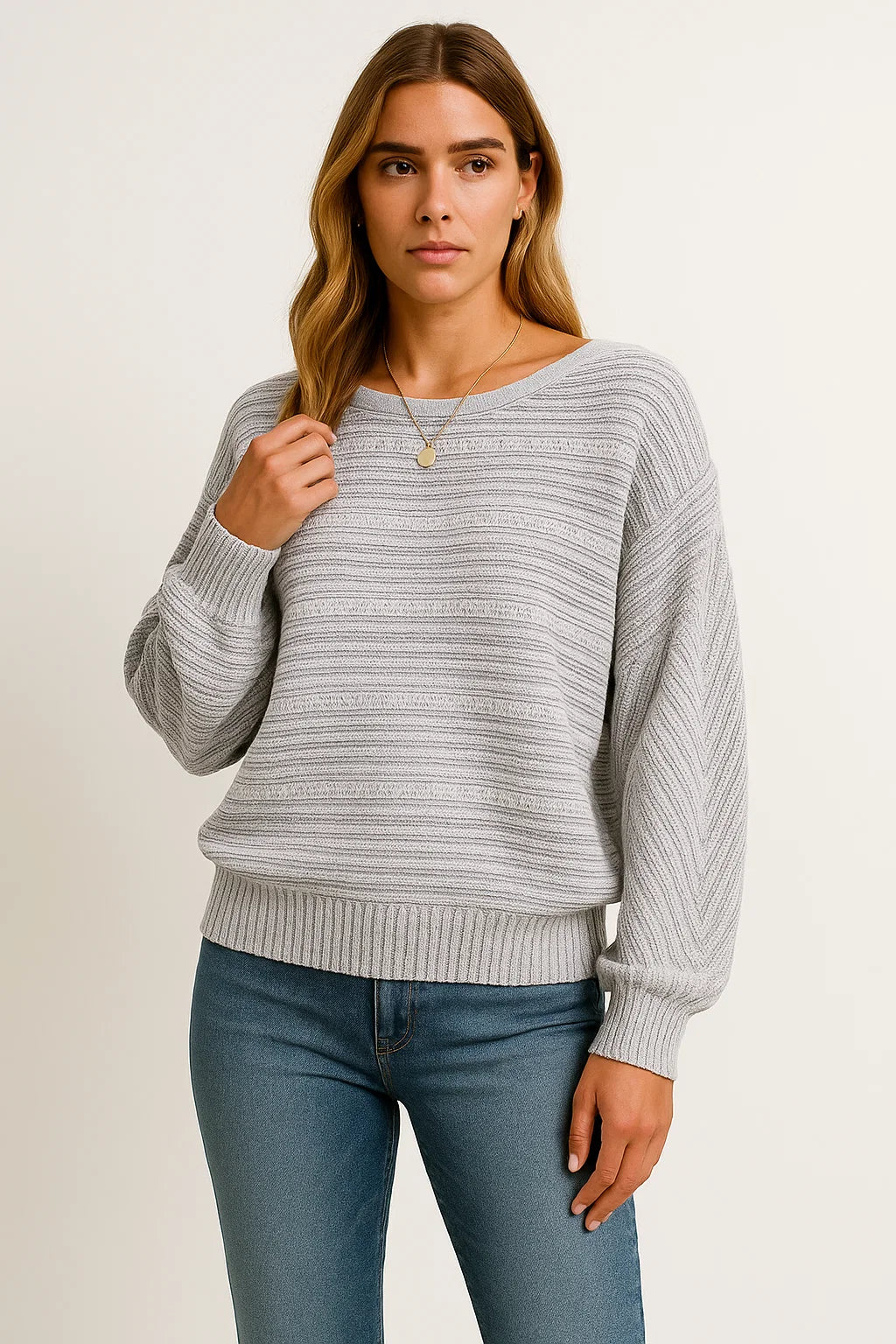 Womens Sweatshirt Gray Batwing Sleeves Boat Neck Casual Top 3