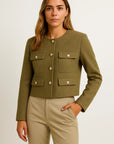 Women's Cropped Jacket Tweed Long Sleeve Elegant Coat