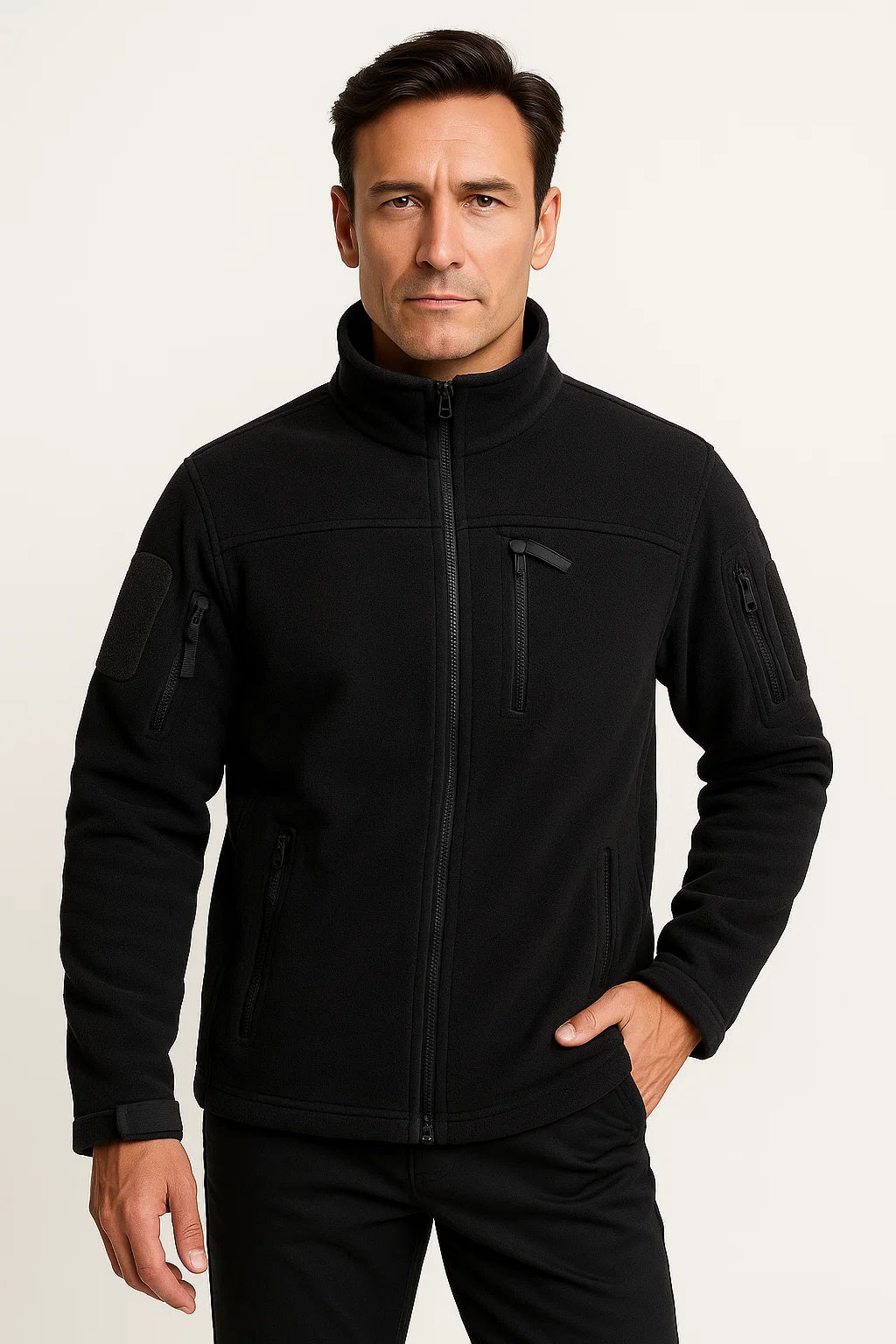 Men&#39;s Fleece Jacket Windproof Full Zip Outdoor Coat with Multiple Pockets
