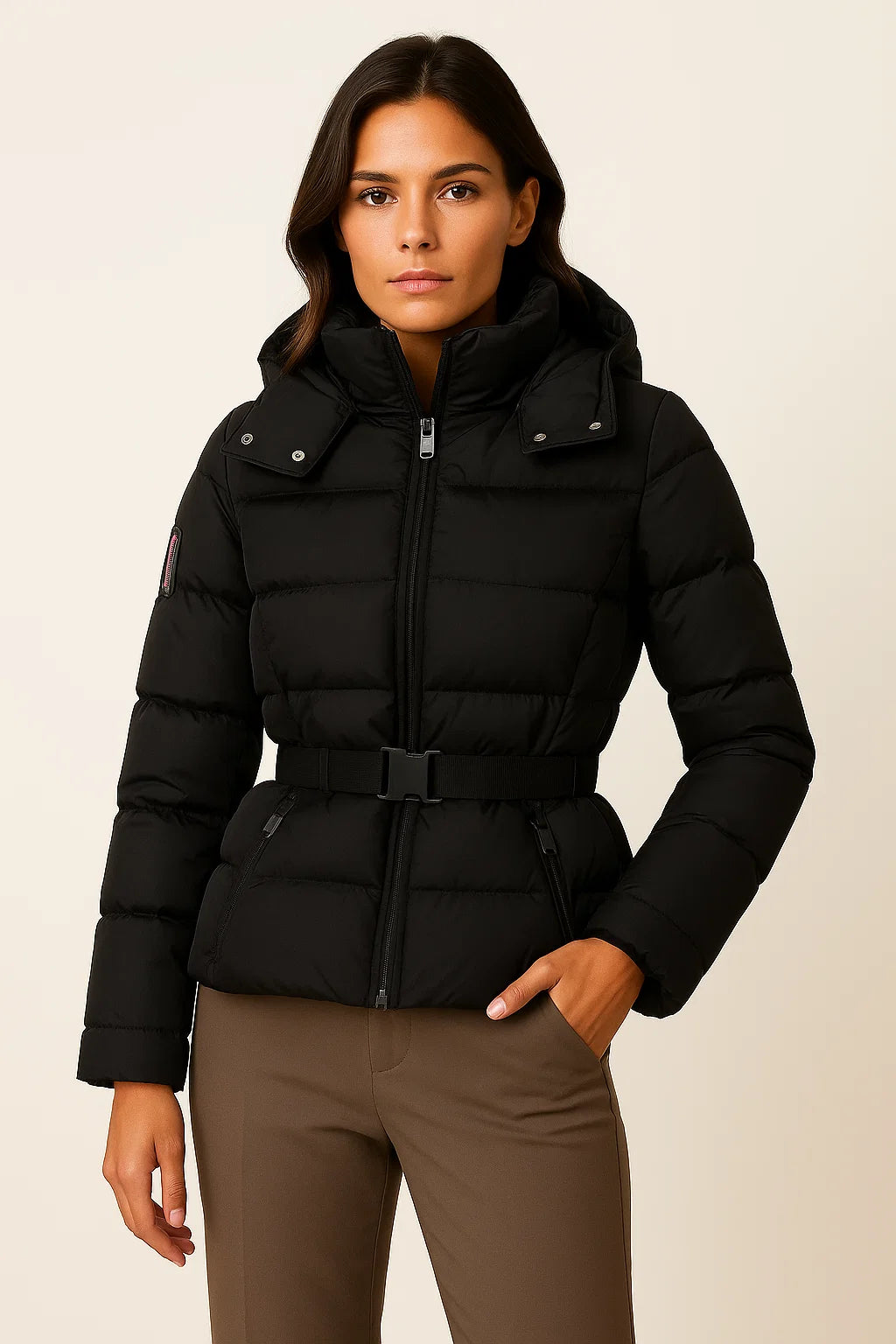 Women&#39;s Black Puffer Jacket Water-Resistant Belted Polyester