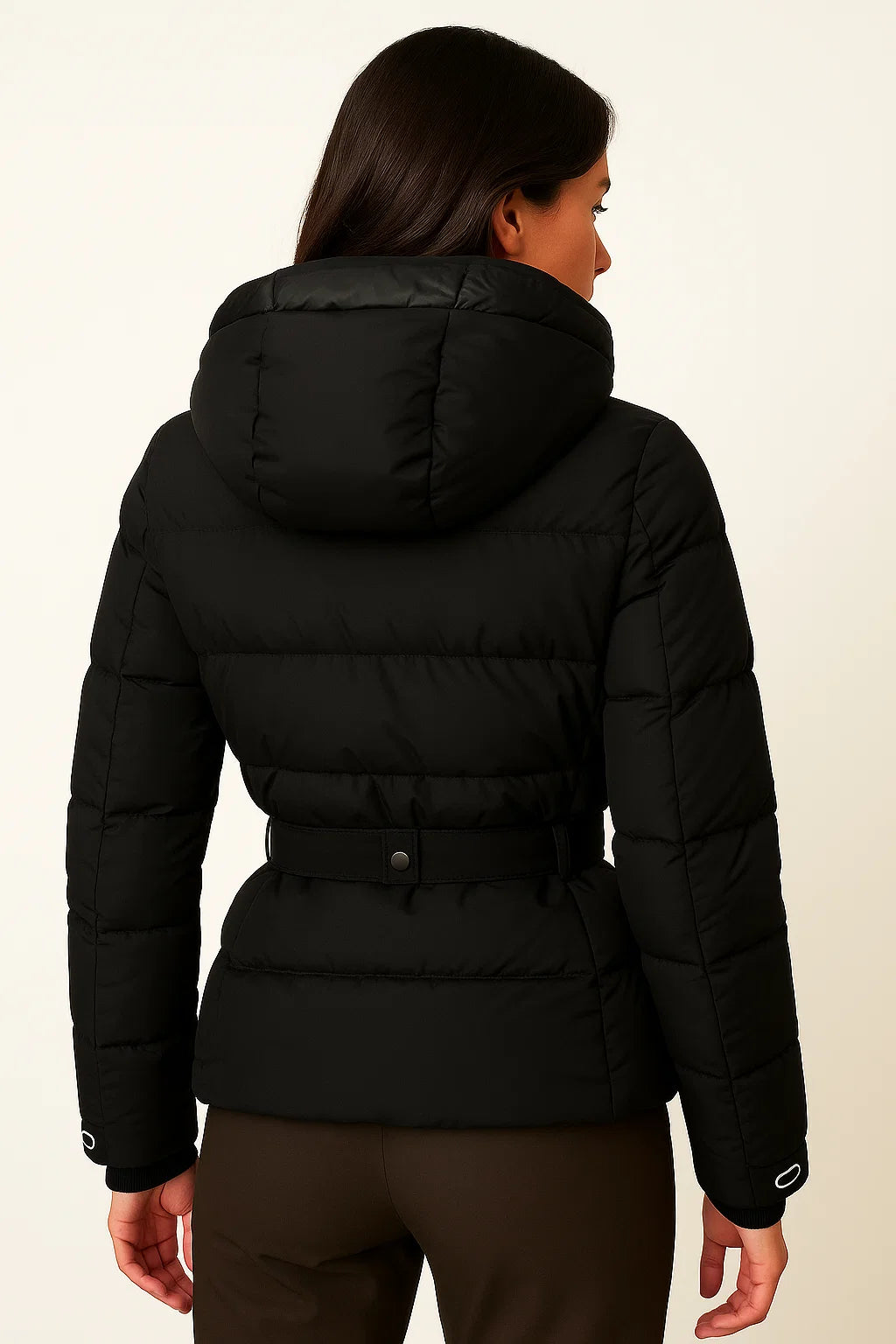 Women&#39;s Black Puffer Jacket Water-Resistant Belted Polyester