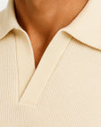 Men's Polo Shirt Midweight Cotton V-Neck Textured
