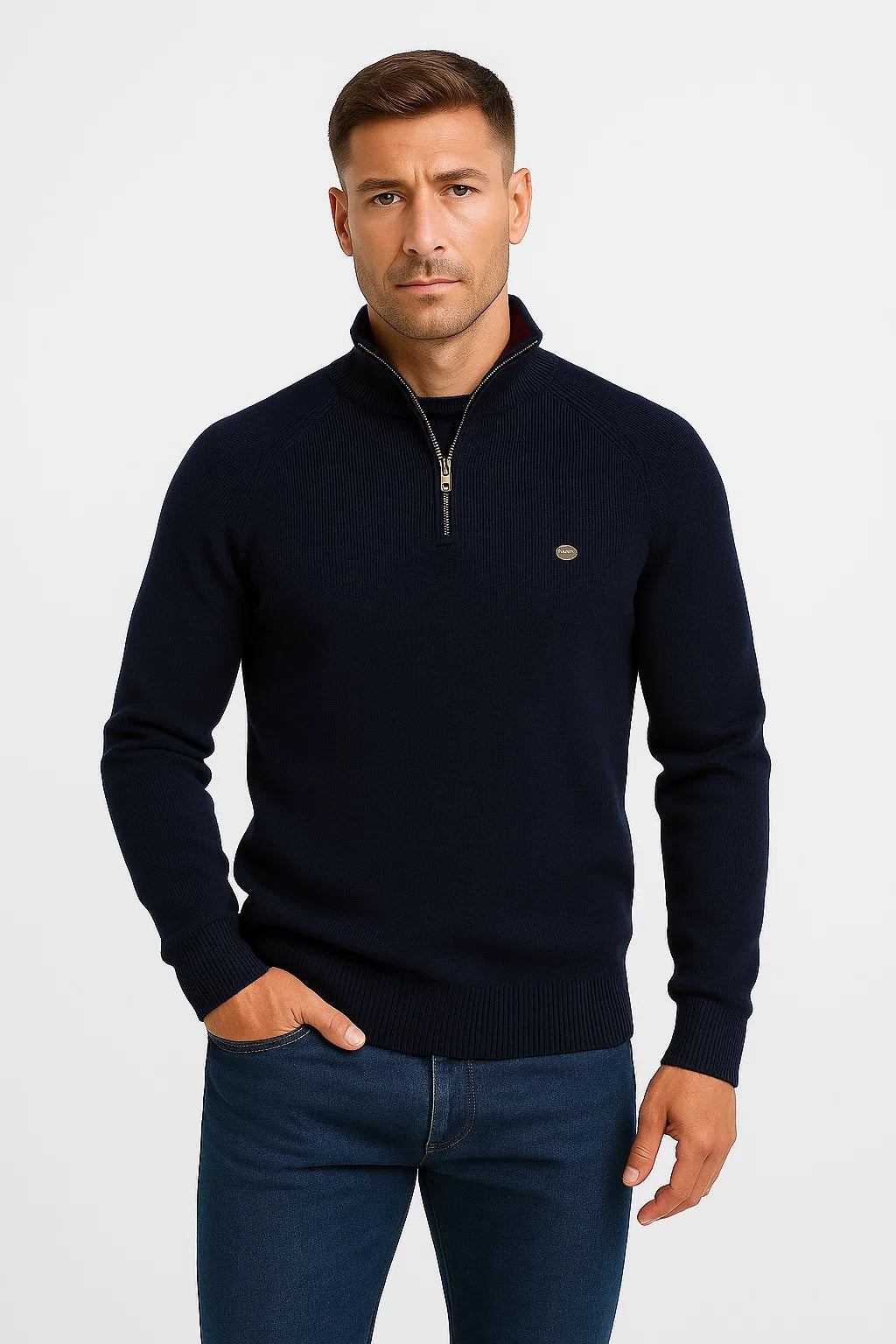 Men&#39;s Quarter Zip Sweater Cotton High Collar Knitwear